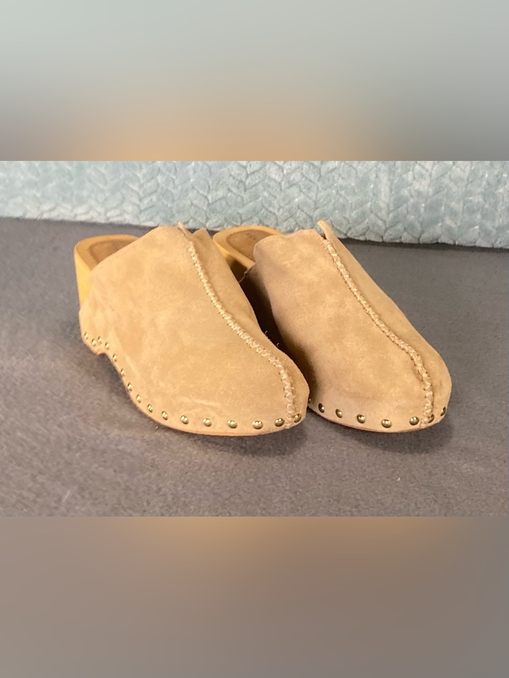 Kelsi Dagger Tan Suede Slip-On Clogs with Stud Trim